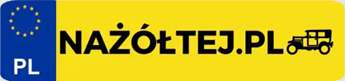 Logotyp w kształcie żółtej tablicy rejestracyjnej z napisem nażółtej.pl oraz na niebieskim tle po lewej stronie okrąg gwiazd Unii Europejskiej z białym znakiem PL na dole